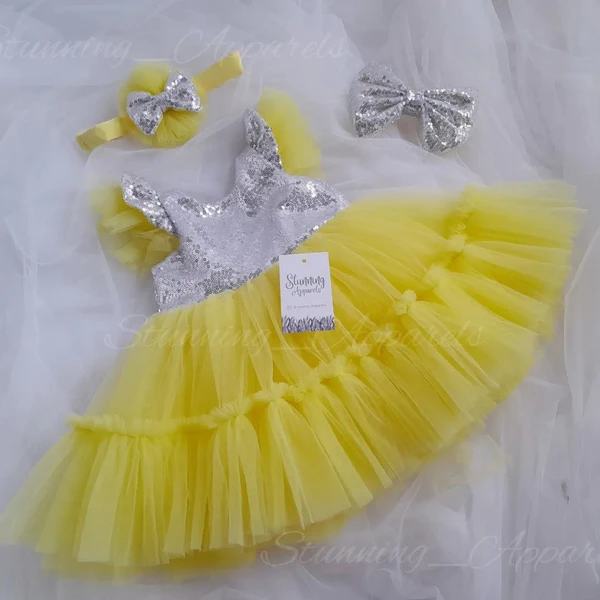 Silver Sequins  Bow Partywear Lemon Yellow Frock  - 3-6 Month