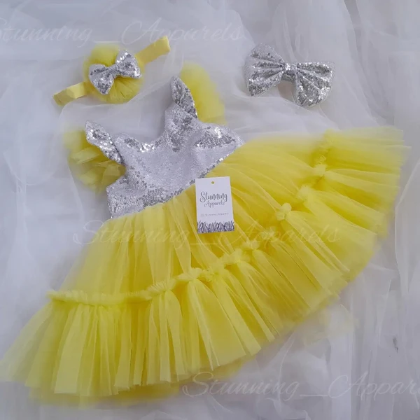 Silver Sequins  Bow Partywear Lemon Yellow Frock  - 2-3 Year