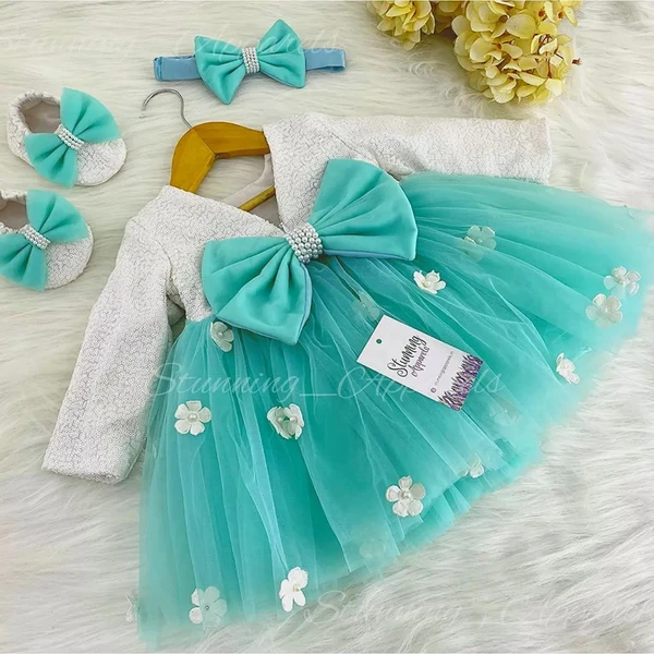 Long Sleeves Flower Work Partywear Sky Blue Frock - 0-3 Months