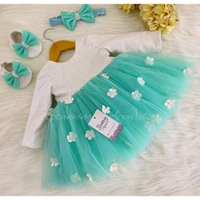 Long Sleeves Flower Work Partywear Sky Blue Frock - 3-6 Month