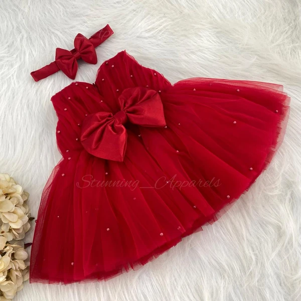 Satin Bow Pearls Work Partywear Red Frock  - 0-3 Months