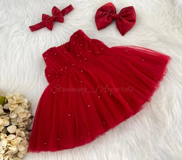 Satin Bow Pearls Work Partywear Red Frock  - 3-6 Month