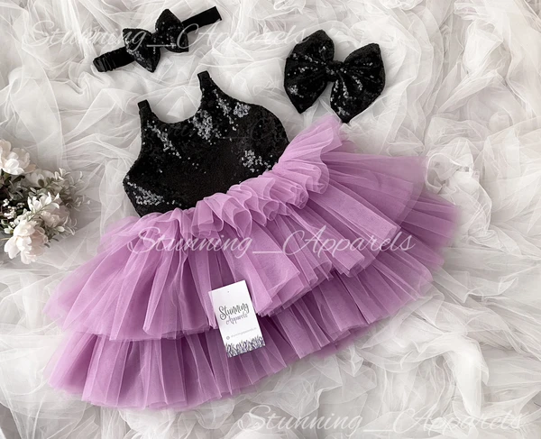 Back Sequins Bow Layer Partywear Lilac Frock  - 1-2 Years