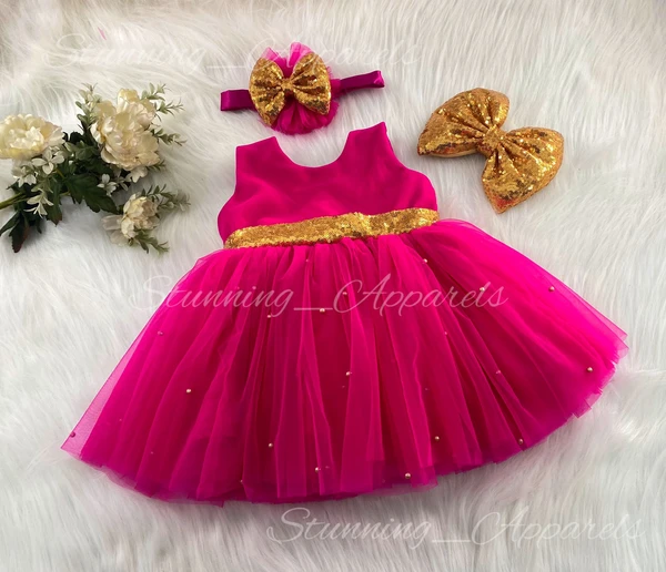 Golden Sequins Bow Partywear Magenta Frock - 9-12 Month