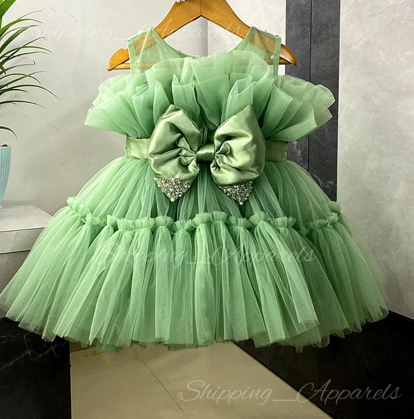 Hand Work Paty Wear Ruffled Mint Pista Frock  - 0-3 Month