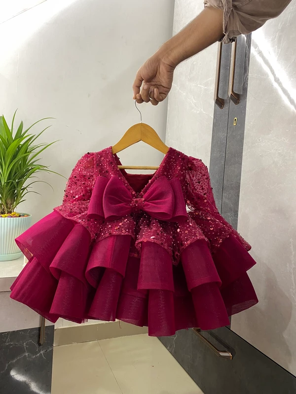 Designer Primium Partywear Ruby Red Frock  - 0-3 Month