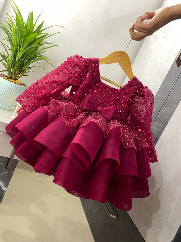 Designer Primium Partywear Ruby Red Frock  - 3-4 Years