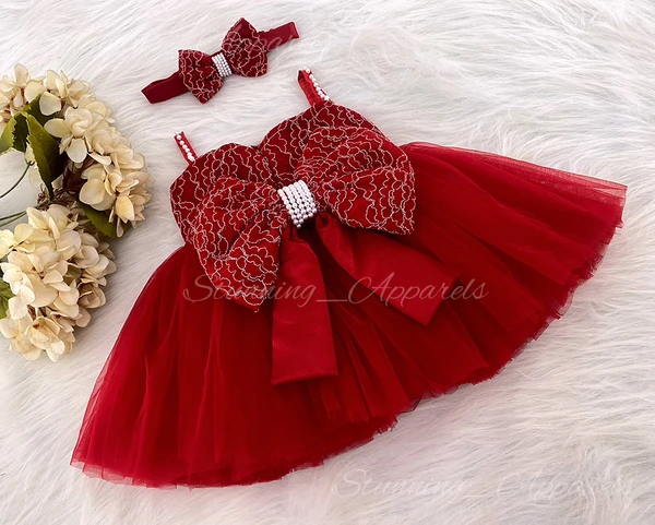 White Pearls Work Partywear Red Frock  - 6-9 Month