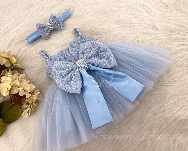 White Pearls Work Partywear Pastel Blue Lace Frock  - 3-6 Month