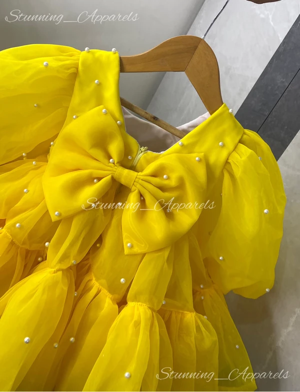 White Pearls Work Ruffled Partywear Yellow Frock  - 0-3 Month