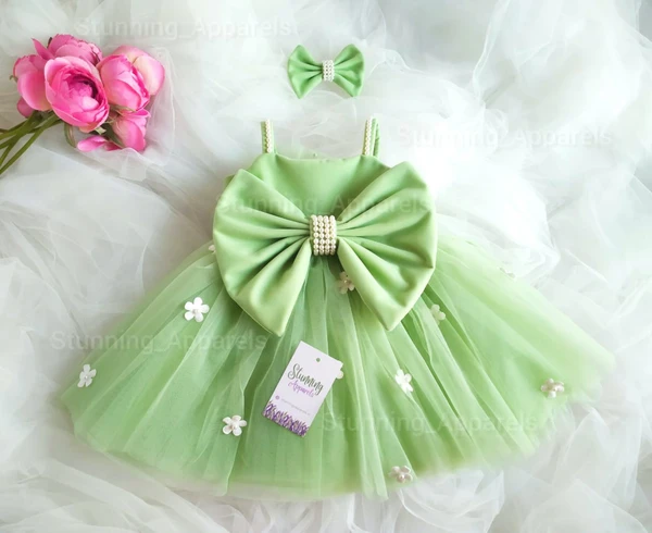 Strapped White Flower Partywear Pista Green Frock  - 9-12 Month