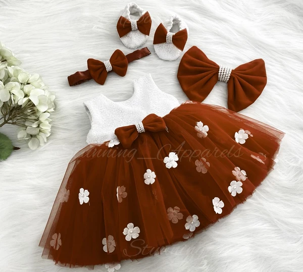 White Flower Work Partywear Iron Rust Frock  - 0-3 Month