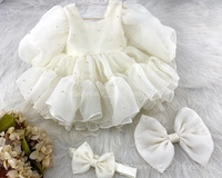 Pearls Work Long Puff Sleeves Partywear Cream Frock  - 9-12 Month