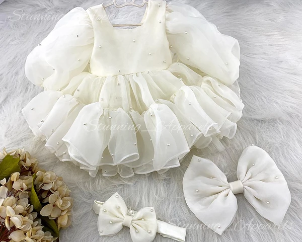 Pearls Work Long Puff Sleeves Partywear Cream Frock  - 2-3 Years