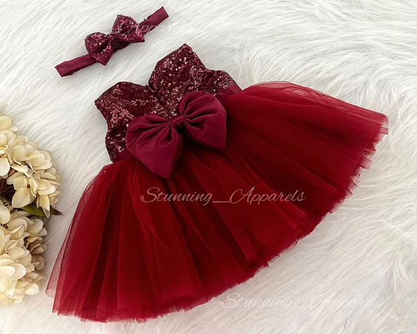 Satin Belted Bow Partywear Maroon Frock  - 4-5 Years