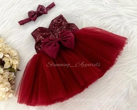 Satin Belted Bow Partywear Maroon Frock  - 6-9 Month