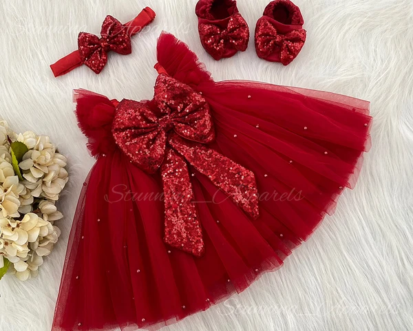 Stunning Looking Partywear Red Umbrella Frock  - 1-2years