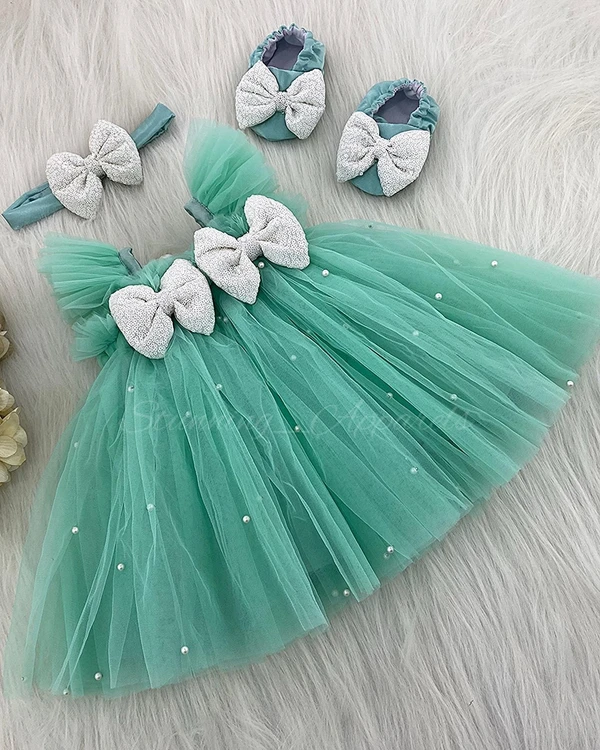 Pearls Work Partywear Umbrella Sea Green Frock  - 1-2years