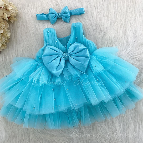 Hand Work Layers Partywear Sky Blue Frock  - 0-3month