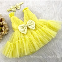 White Pearls Work Ruffked Partywear Yellow Frock  - 9-12month