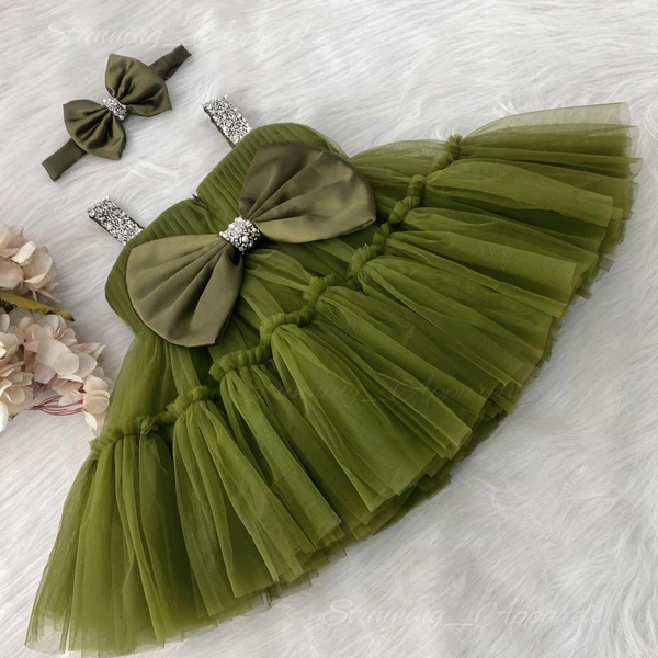 Hand Work Partywear Designer Olive Green Frock  - 6-9 Month