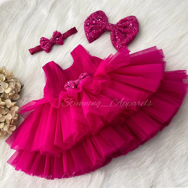 Folded Layer Partywear Magenta Pink Frock  - 0-3 Month