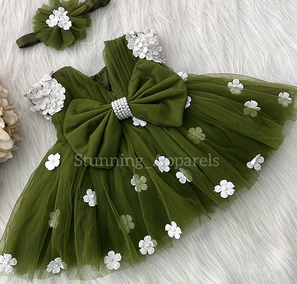 White Flower Work Cape Sleeves Partywear Olive Green Frock 