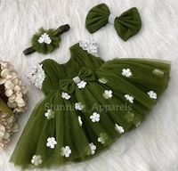 White Flower Work Cape Sleeves Partywear Olive Green Frock  - 0-3month
