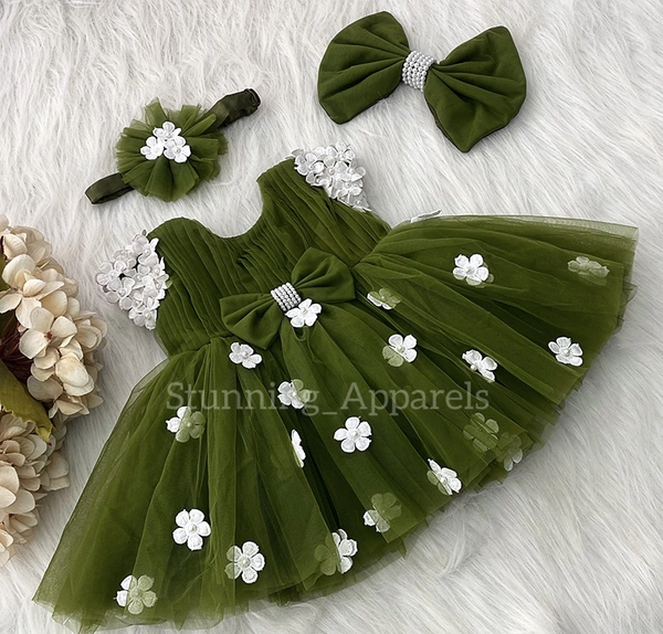 White Flower Work Cape Sleeves Partywear Olive Green Frock  - 0-3month