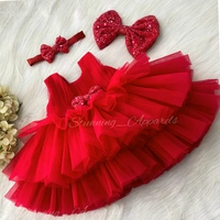 Folded Layer Partywear Red Frock  - 1-2 Years