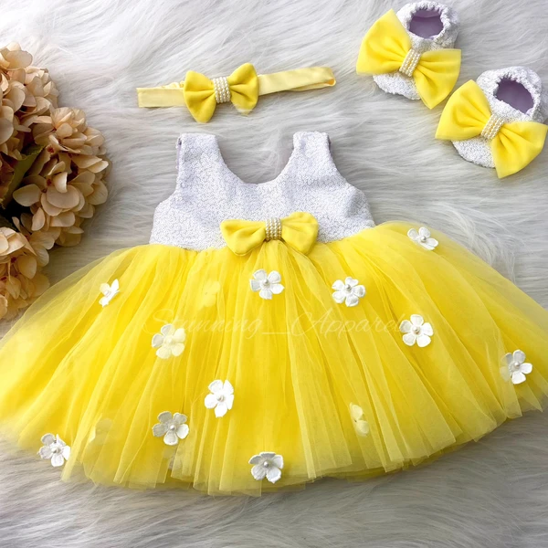 White Flower Work Partywear Yellow Frock  - 9-12month