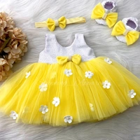 White Flower Work Partywear Yellow Frock  - 9-12month