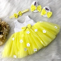 White Flower Work Partywear Yellow Frock  - 0-3month