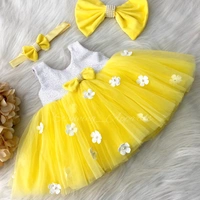 White Flower Work Partywear Yellow Frock  - 3-4years