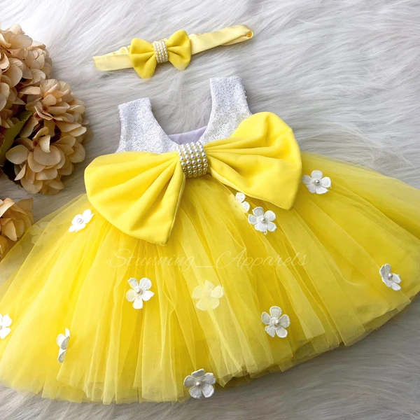 White Flower Work Partywear Yellow Frock  - 4-5years