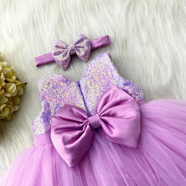 Stylish Satin Bow Partywear Lavender Frock  - 4-5 Years