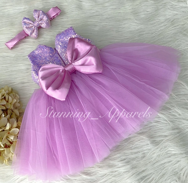 Stylish Satin Bow Partywear Lavender Frock  - 0-1 Month