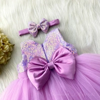 Stylish Satin Bow Partywear Lavender Frock  - 2-3years
