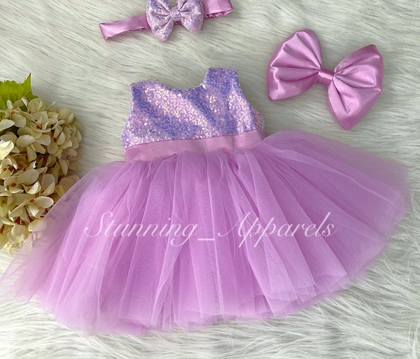 Stylish Satin Bow Partywear Lavender Frock  - 0-1 Month