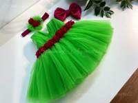 Magenta Flower Work Partywear Green Frock  - 3-4years
