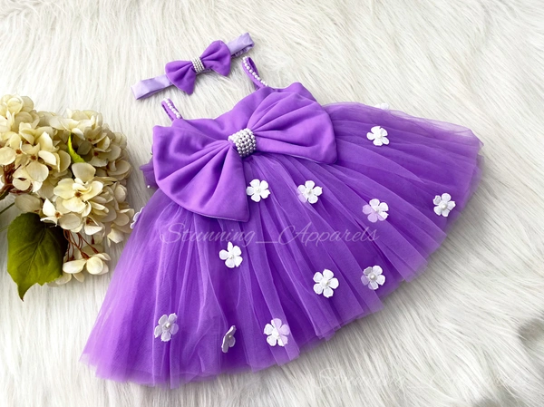 White Flower Work Strapped Partywear Lavender Ftovk  - 6-9month