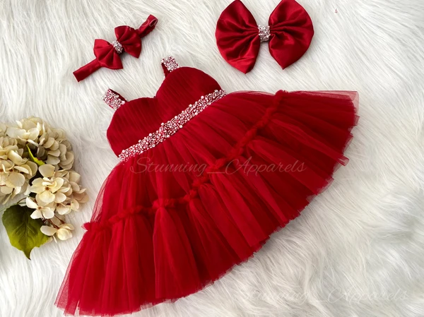 Sweetheart Hand Work Partywer Red Frock  - 3-6month