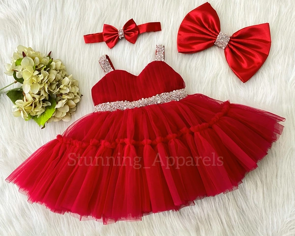Sweetheart Hand Work Partywer Red Frock  - 0-3month
