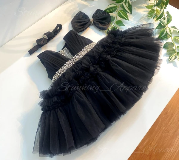 Designer Ruffled Partywear  Black Frock  - 0-3 Months