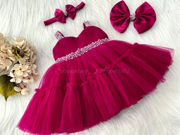 Sweetheart Hand Work Partywear Magenta Frock  - 4-5 Years