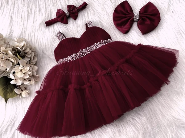 Sweetheart  Hand Work Partywear  Maroon Frock  - 3-4 Years