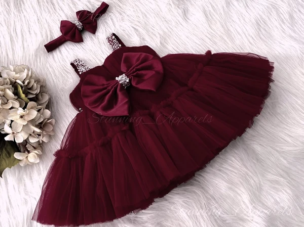 Sweetheart  Hand Work Partywear  Maroon Frock  - 3-4 Years