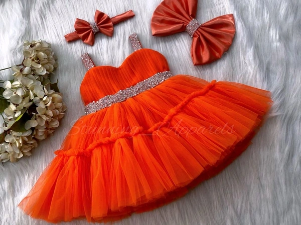 Sweetheart Hand Work Partywear Orange Dress  - 1-2 Years