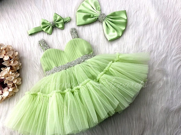 Sweetheart Hand Work Partywear Pista Green  Dress  - 0-3 Months