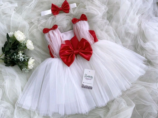 Shoulder Red Bow Partywear  White Frocm  - 0-3 Months